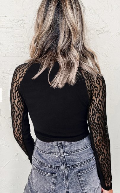 Black Leopard Print Mesh Stitching Knitted Long-sleeved Top - Image 2