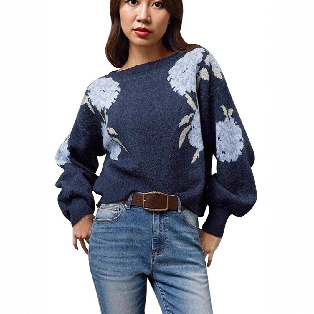 Off-neck Flower Jacquard Pullover Women's Loose Casual - Image 5
