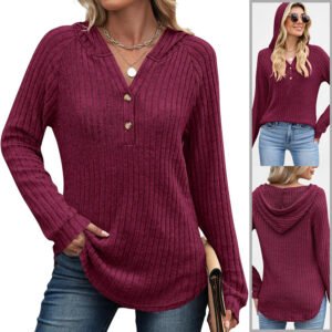 Solid Color And V-neck Button Loose Hooded Fleece Knitted Top