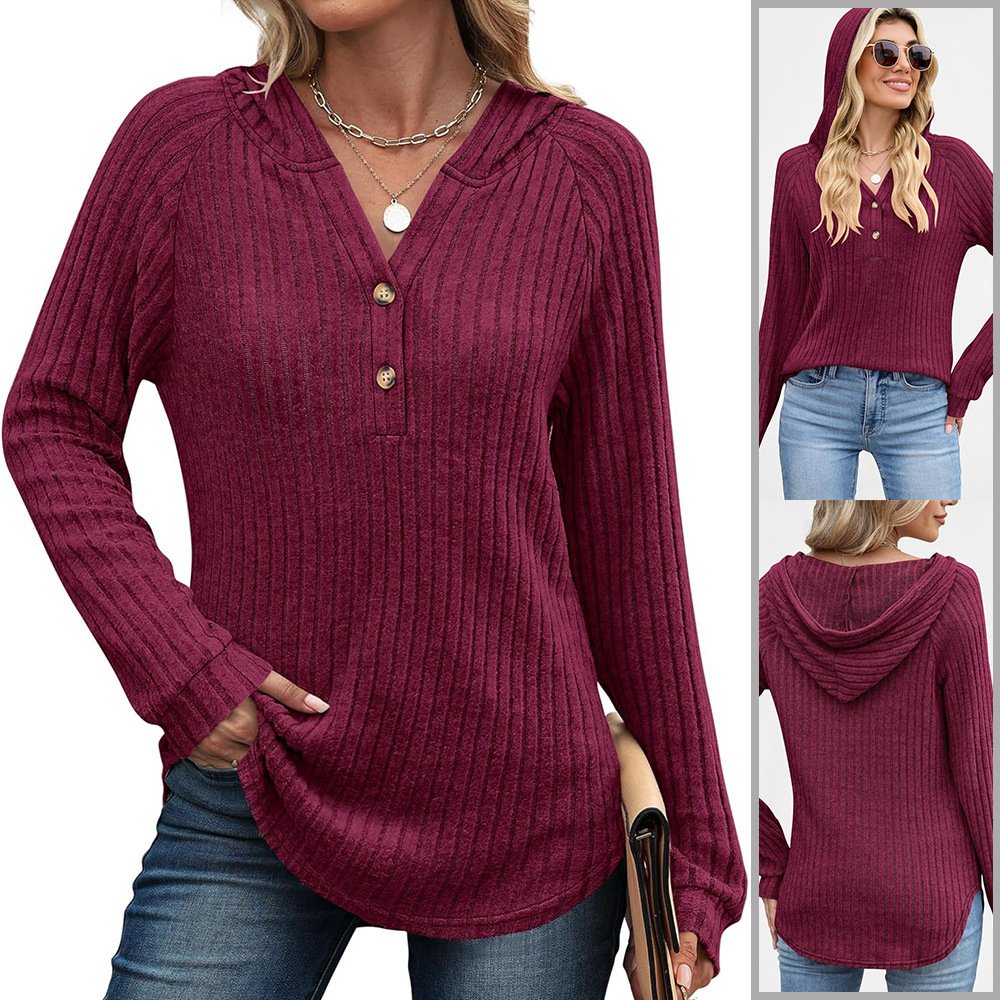 Solid Color And V-neck Button Loose Hooded Fleece Knitted Top
