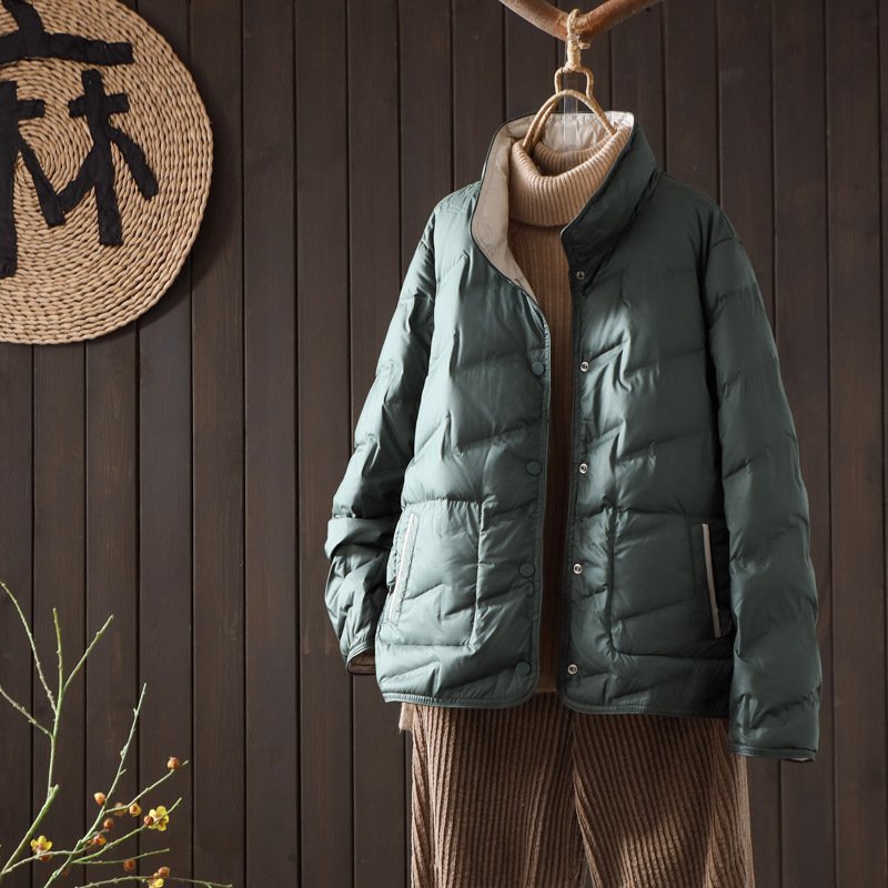 Double-sided Wear Down Jacket Women's Short Light & Fashionable Solid Color Loose White Duck Down Warm Coat - Image 2