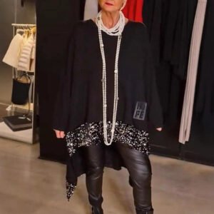 Loose And Irregular Hem Sequin Stitching Round Neck Long Sleeve Top