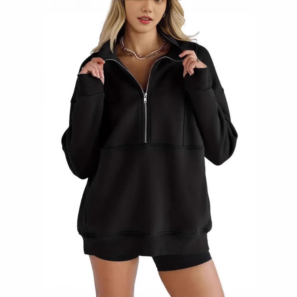 Zipper Patchwork Pocket Brushed Hoody Women's Loose - Image 5