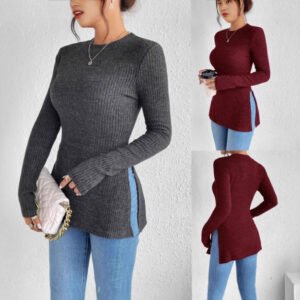 Slim-fit Sunken Stripe Brushed Round Neck Hem Rib Knitted T-shirt