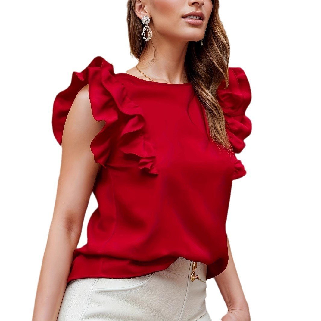 Round Neck Sleeveless Shirt Ruffle Sleeve Pleated Elegant Lady - Image 5