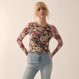 Floral Mesh Round Neck Long Sleeve Mesh Fashion Slim Top