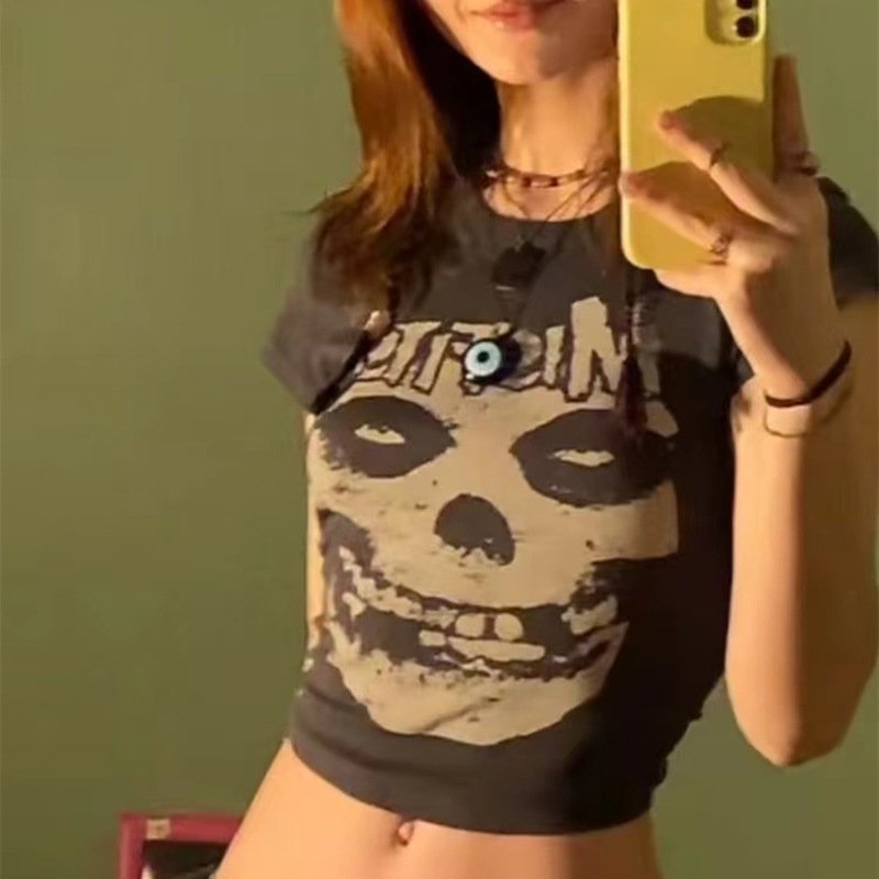 Slim Fit Printed Letter Retro Gothic Round Neck Short Sleeve T-shirt Top - Image 6