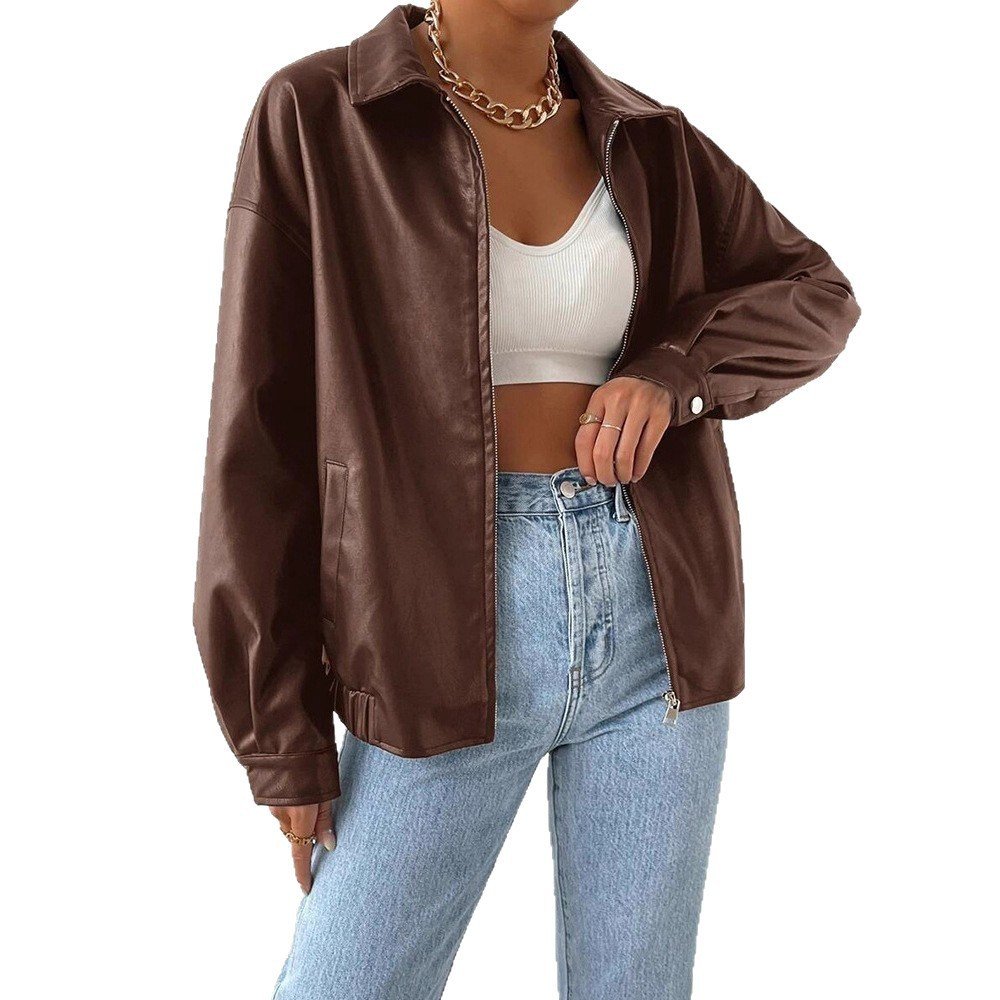 PU Leather Coat Retro Biker's Long Sleeve Zipper Lapel Jacket - Image 5