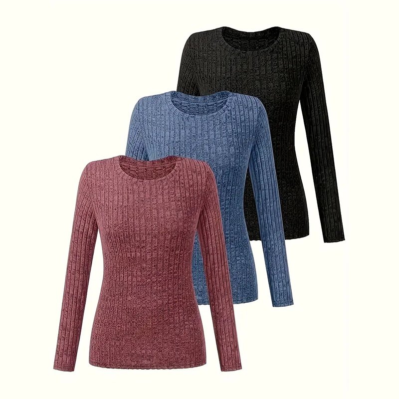 Women's 3 Pack Ribbed Knit Long Sleeve T-Shirt, Slim Fit Crewneck Top, Casual Basic Tee - Image 2
