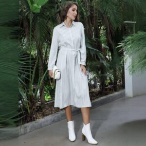 Striped Lapel Long Sleeve Women Commuter Dress