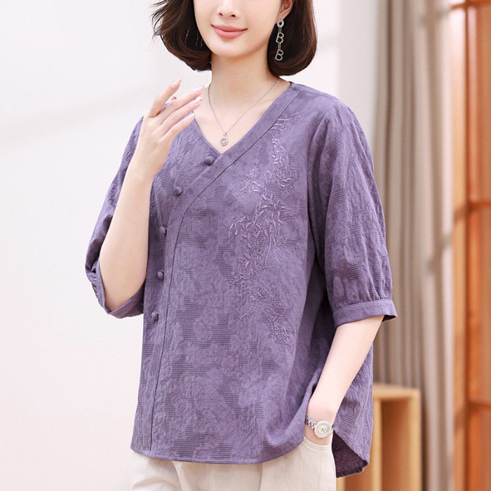 Short Sleeve T-shirt Women's Summer Cotton And Linen Chinese Style Top - Image 6