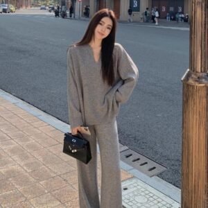 Autumn And Winter Wool Suit Women's V-neck Knitted Wide-leg Pants Cashmere Sweater