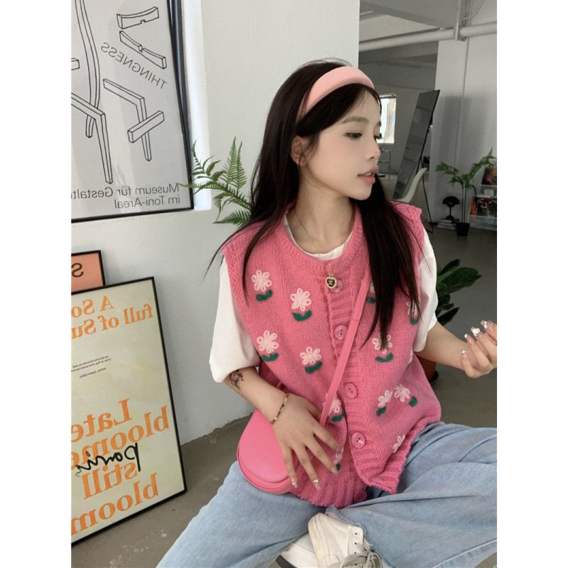 Embroidery Flower Knitted Vest Cardigan Sweet Sweater - Image 4