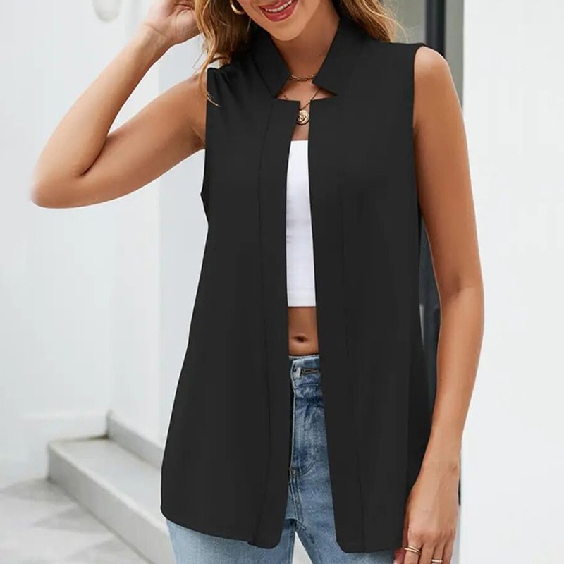 Women's Elegant Solid Sleeveless Vest Cardigan - Stand Collar Summer Outerwear - Image 2