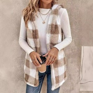 Fashion Elegant Cardigan Two-tone Plaid Hooded Women's Plush Vest Coat