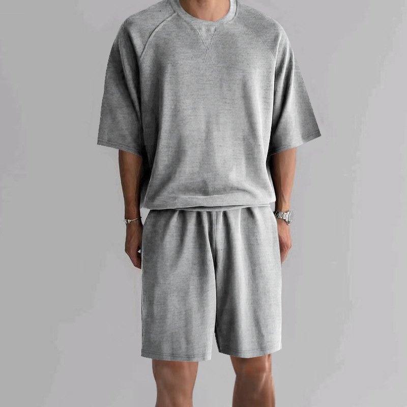 Men's Terry Casual Round Neck Sports Shorts Short Sleeve Two-piece Set - Image 5