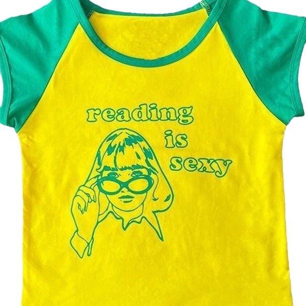 Contrast Color Round Neck Letter Print Slim Fit Short Slimming Navel-exposed Casual Top - Image 5