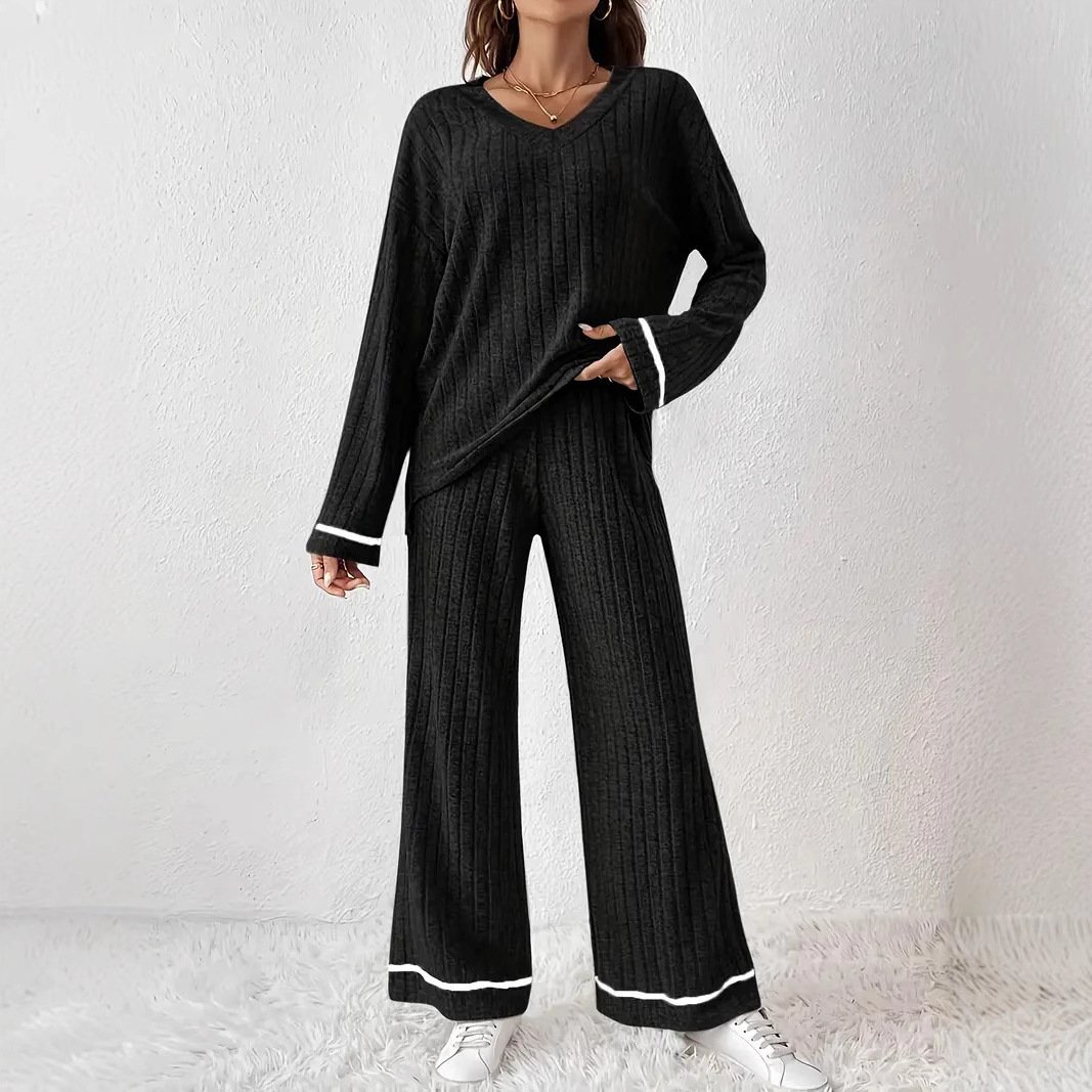 Black Striped Loose-fitting Sanding Sunken Stripe Simple Homewear Suit - Image 4