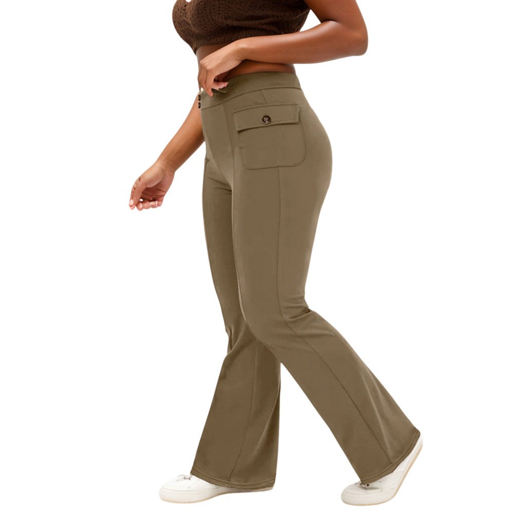 High Waist Button Side Flap Pocket Bell-bottom Pants - Image 3