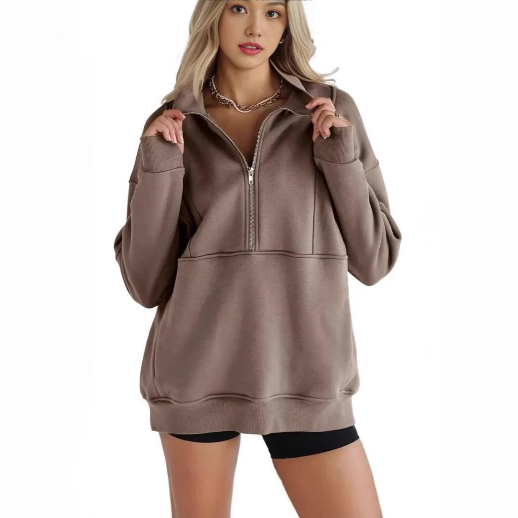 Zipper Patchwork Pocket Brushed Hoody Women's Loose - Image 6