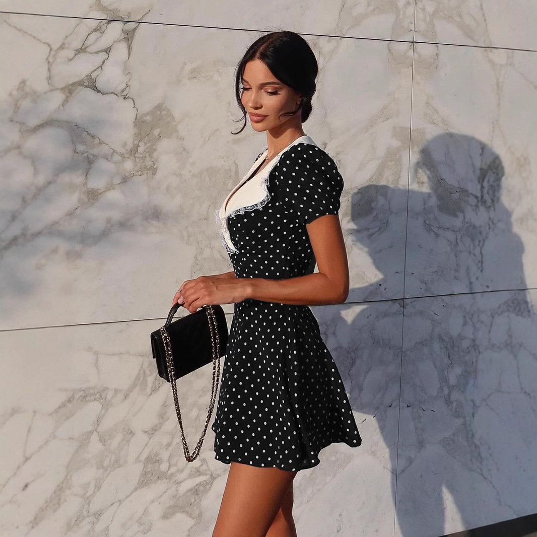 Hepburn Style Elegant Lace V-collar Polka Dot Dress - Image 3