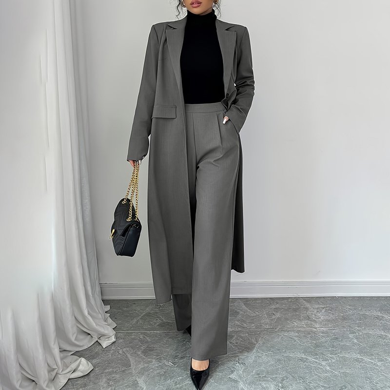 Women's 2 Piece Suit Set, Long Blazer Jacket And Straight Leg Pants, Business Formal Office Outfits For Work, NO Lining - Image 2