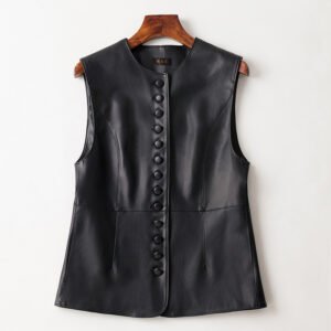 Leather Round Neck Sleeveless Vest Waistcoat Jacket