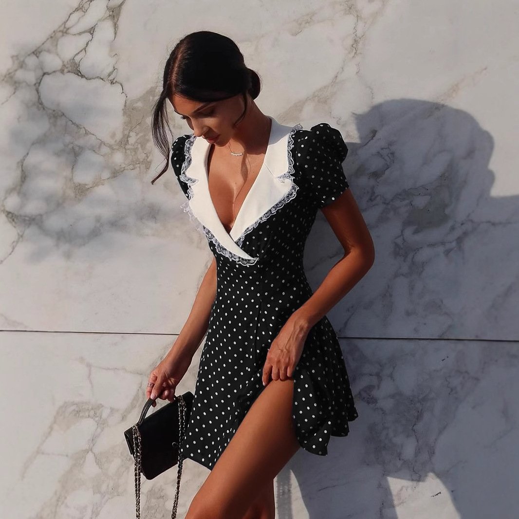 Hepburn Style Elegant Lace V-collar Polka Dot Dress - Image 2