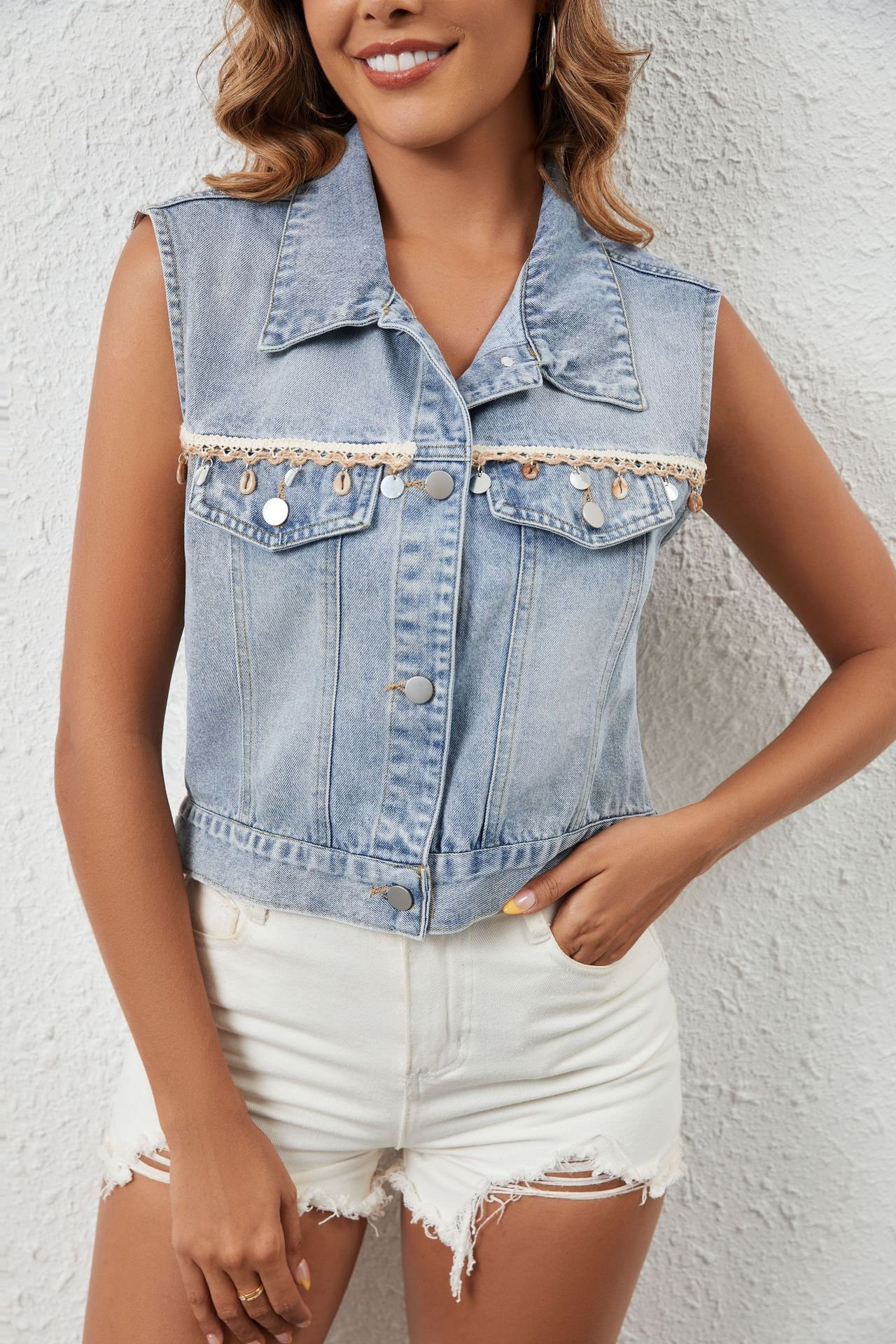 Fashion Casual Tassel Single Breasted Denim Short Vest - Image 8