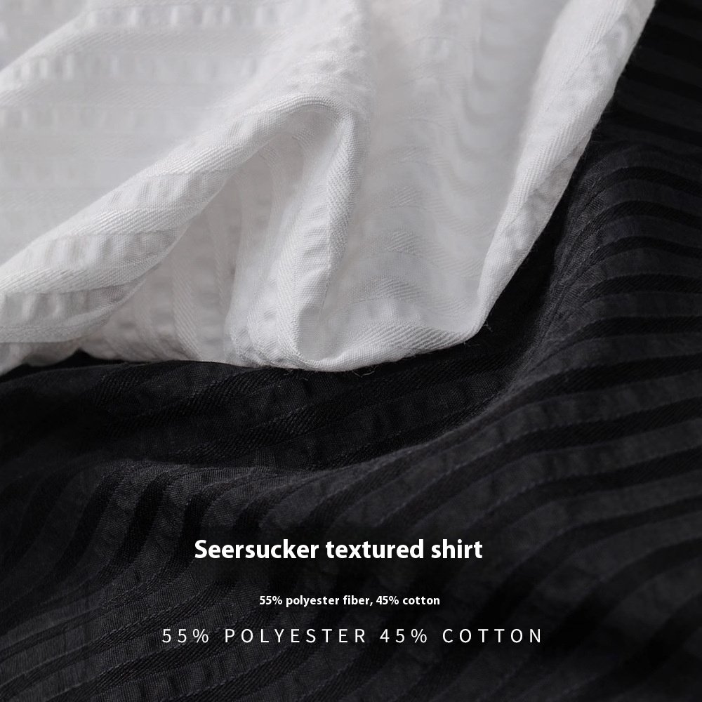 Anti-Wrinkle Seersucker Men's Black Texture Long Sleeve Casual Shirt - Image 3