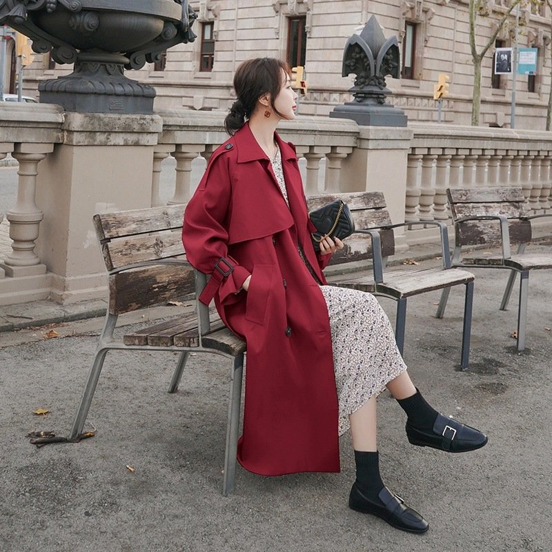 Real Shot Wine Red British Style Trench Coat Coat - Image 4