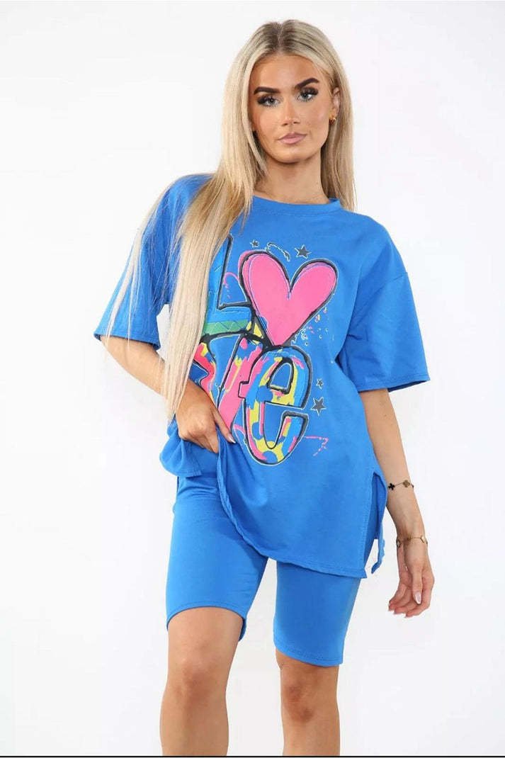 Love Side Slit Cycling Short And T-Shirts Co-Ord Two Piece Set With Front Love Slogan - Image 9