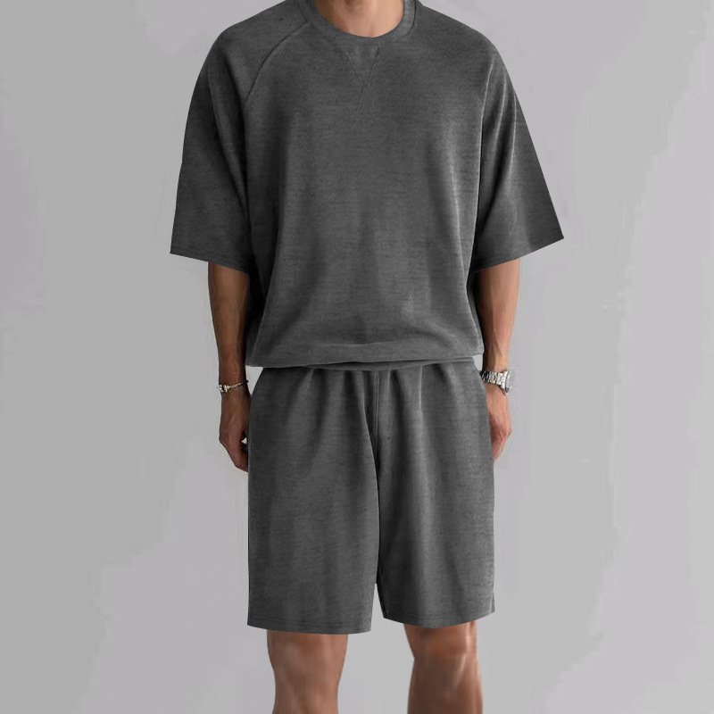 Men's Terry Casual Round Neck Sports Shorts Short Sleeve Two-piece Set - Image 7