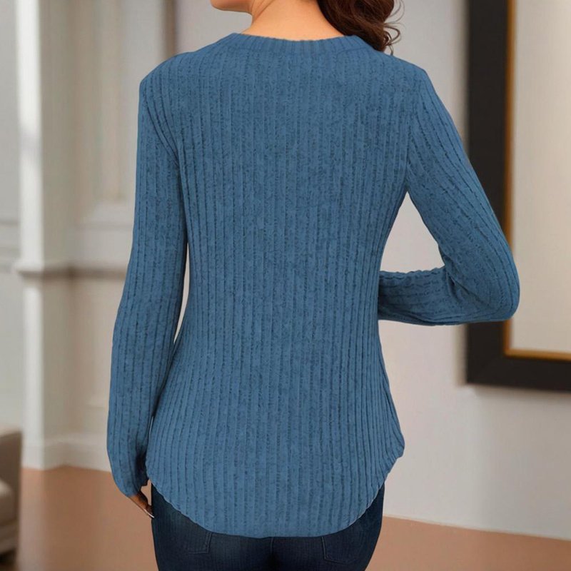 Women's Solid Color Button V-Neck Long Sleeve Knit Top - Casual Comfort Blouse For Spring&Fall - Image 8