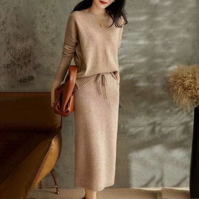 Knitted Loose Slimming Top With Skirt Two-piece Set For Women - Image 2