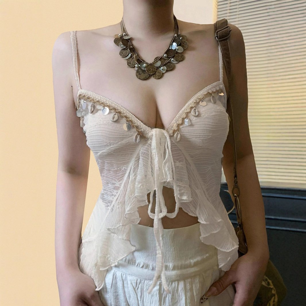 Low Collar Chest-flattering Lace-up Irregular Mesh Sexy See-through Vest - Image 3