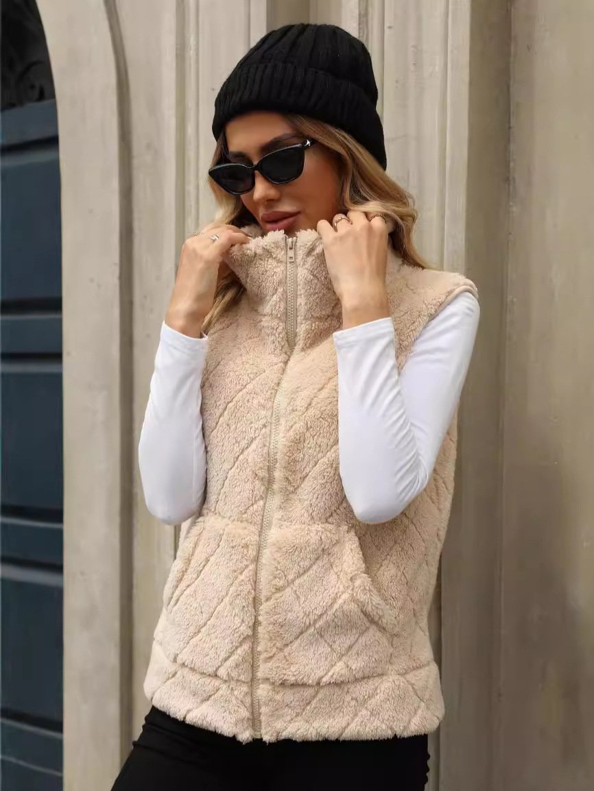 Women's Clothing Cardigan Zipper Loose Diamond Lattice Coat Plush Vest - Image 6