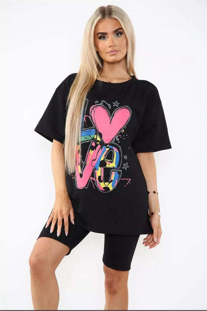 Love Side Slit Cycling Short And T-Shirts Co-Ord Two Piece Set With Front Love Slogan - Image 5