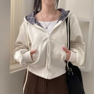 Korean Chic Casual Loose Temperament All-match Plaid Stitching Hooded Sweater