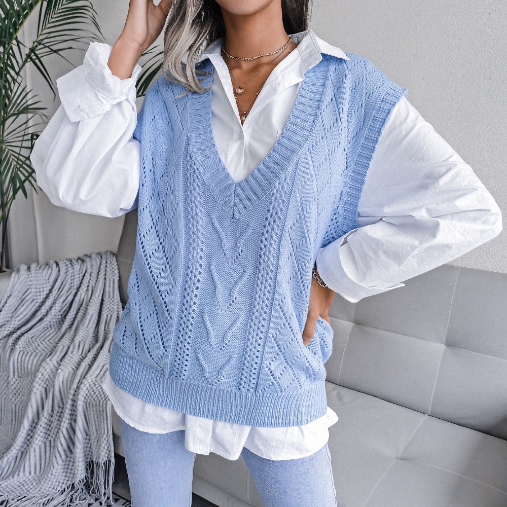 European And American Hollowed Out Twist V-neck Knitted Vest Sweater - Image 8