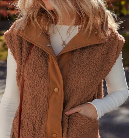 Cinnamon Faux Fur Snap-front Knot Side Plush Vest With Pockets - Image 5