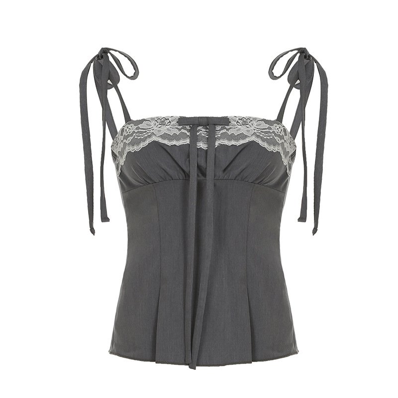 Girly Style Lace With Bow Splicing Sling Sweet Contrast Color - Image 5