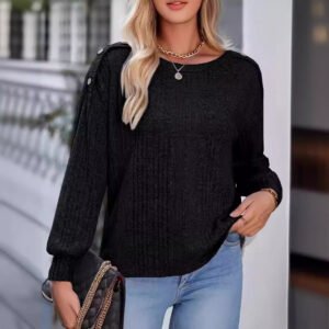 Solid Color Round Neck Fastener Decorative Long Sleeve Top