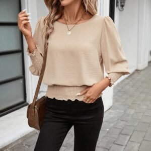 Loose Plus Size Crew Neck Solid Color Smocking Shirt Lantern Sleeve