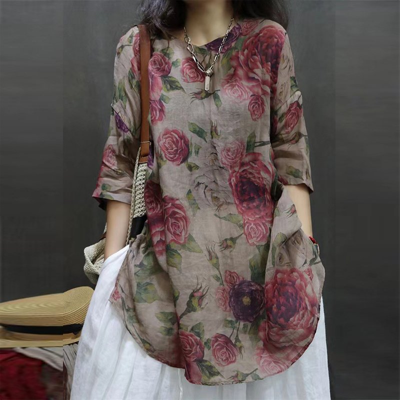 Women's Soft Printed Mid-Sleeve Top Casual Round Neck Tunic For Spring And Summer - Image 8