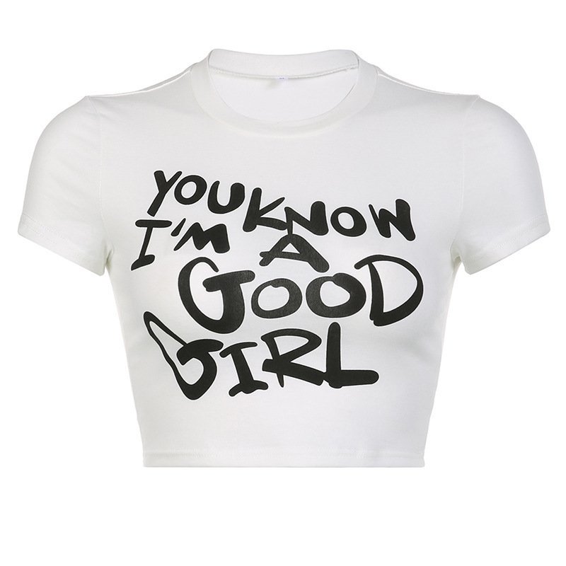 Slim Fit Printed Letter Retro Gothic Round Neck Short Sleeve T-shirt Top - Image 2