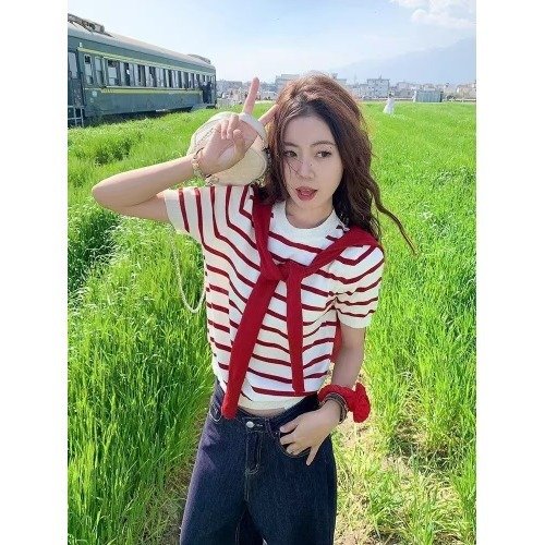 Women's Shawl Contrast Color Striped Short Sleeve Knitted - Image 6