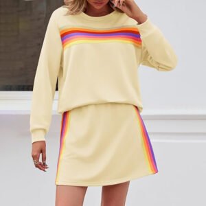 Simple Loose Rainbow Round Neck Sweater Trousers Two-piece Set
