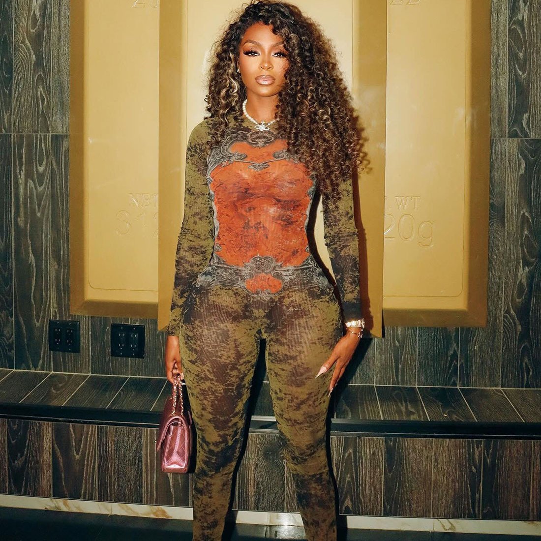 Women's Printed Sexy Mesh High Waist Slim-fit Zipper Long-sleeved Jumpsuit - Image 3