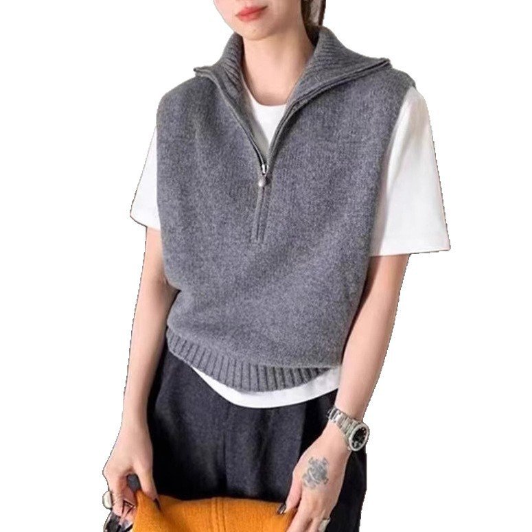 Retro Half Zipper Sleeveless Knit Vest - Image 5